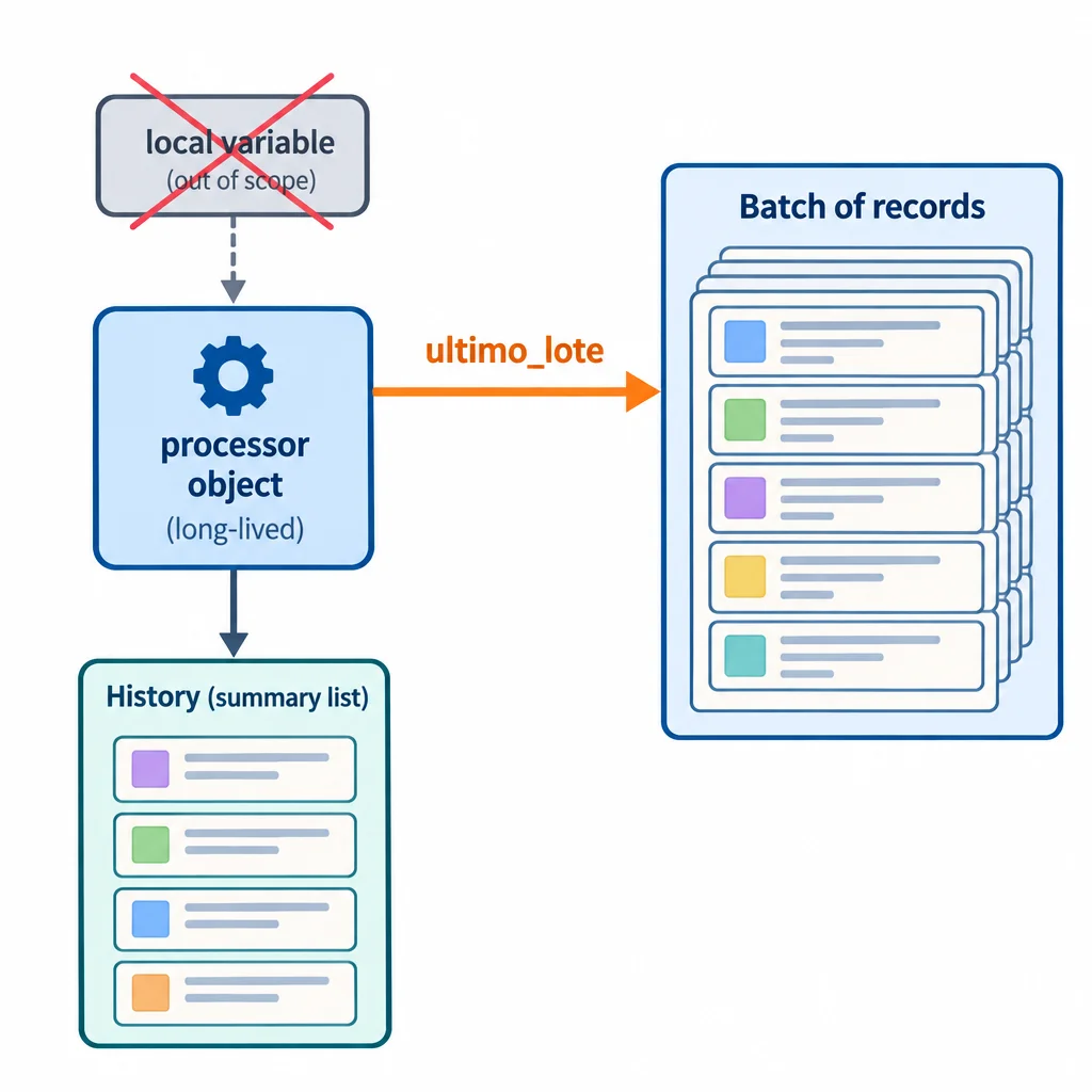 O atributo persistente <code>ultimo_lote</code> ainda aponta para o lote; elimine esse vínculo e mantenha somente os resumos em <code>historico</code>.
