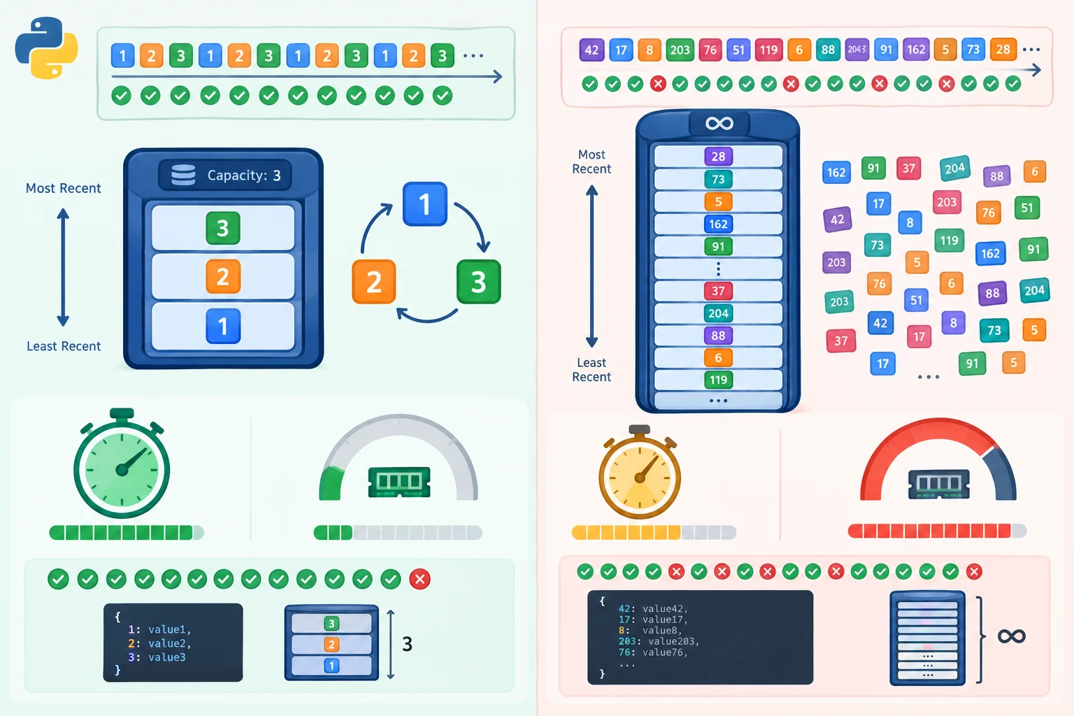 Diagrama comparando cache limitado a 32 entradas, com alta taxa de acertos e memória estável, a cache sem limite, com ganho de tempo marginal e muitas entradas acumuladas.