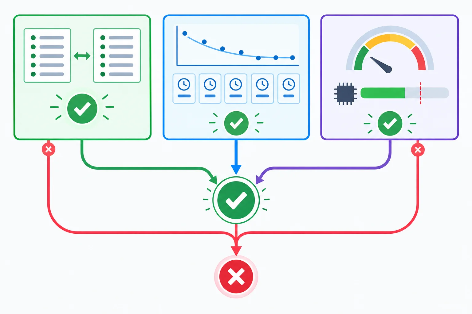 Diagrama de três verificações convergindo para uma decisão: correção do contrato, ganho repetível de duração ou vazão e memória dentro do orçamento.