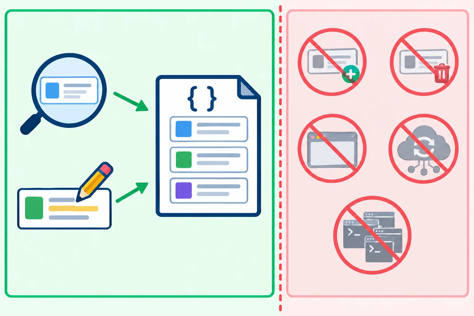 Diagrama de fronteira do produto: dentro, consultar um registro existente e atualizar seu nome em um catálogo JSON local; fora, criar ou remover registros, interface gráfica, sincronização em rede e uso simultâneo por vários processos.