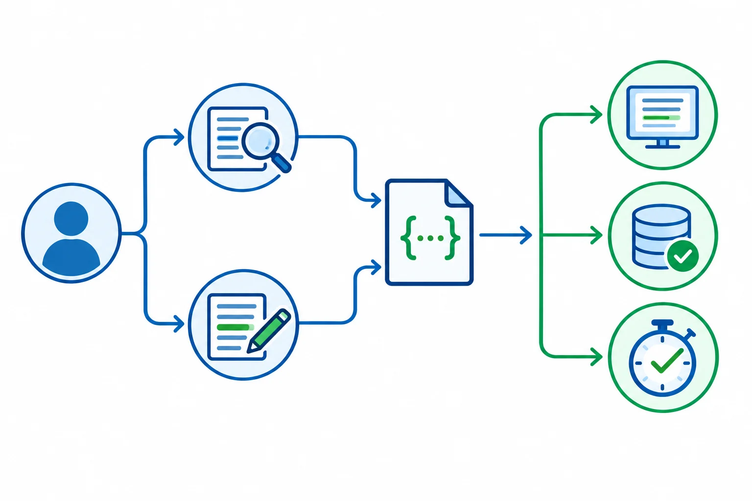 Diagrama mostrando um usuário no terminal ligado a duas operações, consulta e atualização, que levam a um catálogo JSON e a marcas de verificação de resultado, persistência e limites de qualidade.