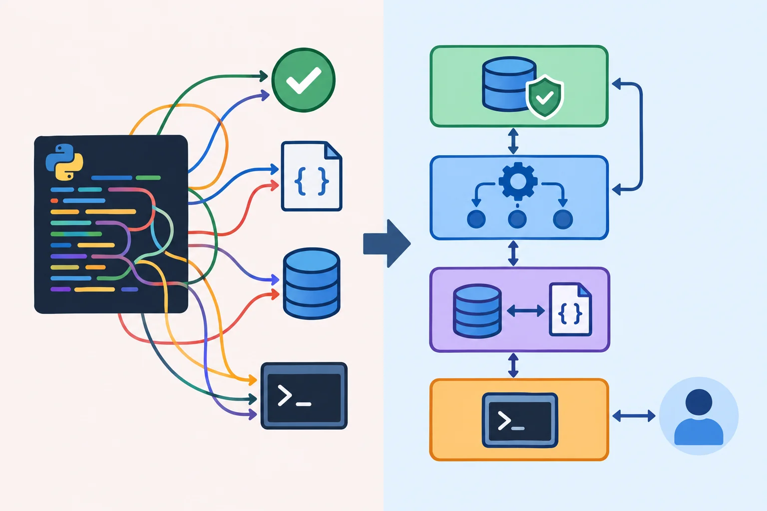 Diagrama comparando uma função única que valida título, consulta JSON, grava arquivo e imprime mensagem com quatro componentes separados: domínio, aplicação, persistência e interface.