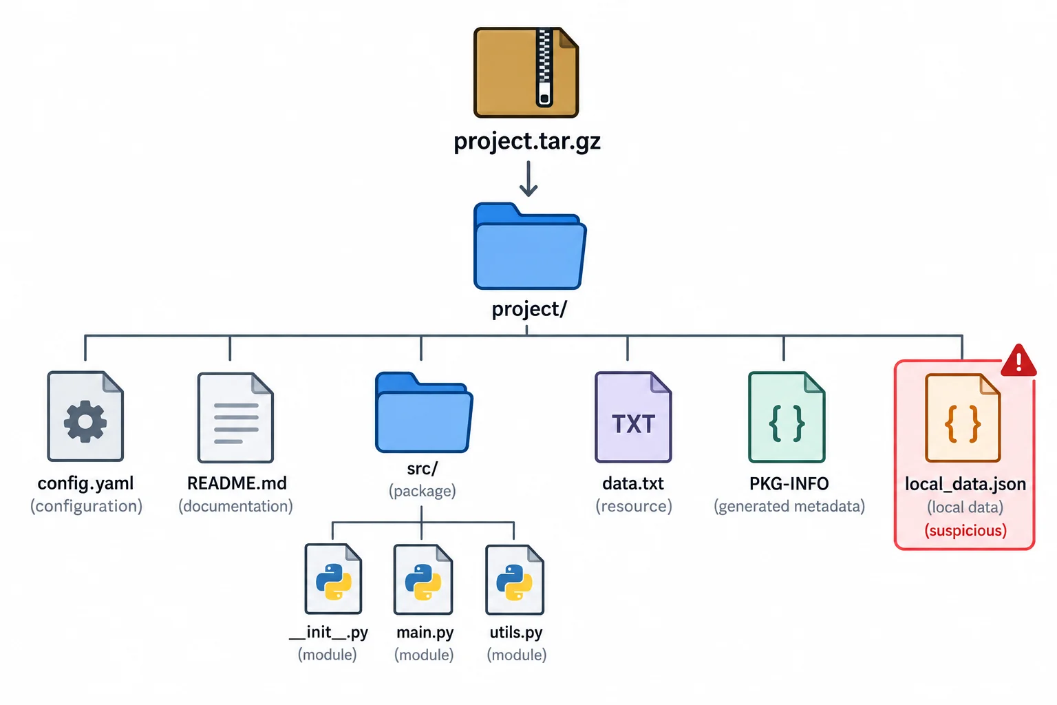 Diagrama de uma sdist tar.gz contendo um diretório de topo e, abaixo dele, pyproject.toml, README.md, fontes em src, um recurso textual, PKG-INFO e um arquivo local suspeito.