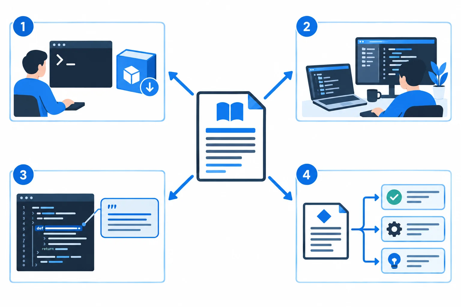 Diagrama com README ao centro ligado a quatro cartões: pessoa usuária da distribuição, pessoa desenvolvedora, código-fonte e registro de decisão. Cada cartão tem uma pergunta diferente.