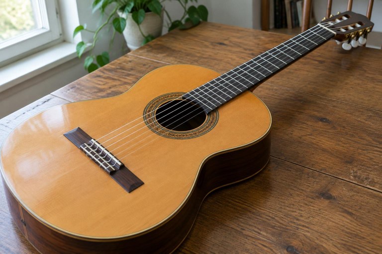 Violão de cordas de nylon deitado sobre uma mesa de madeira, mostrando boca, cavalete, braço com trastes e cabeça com tarraxas