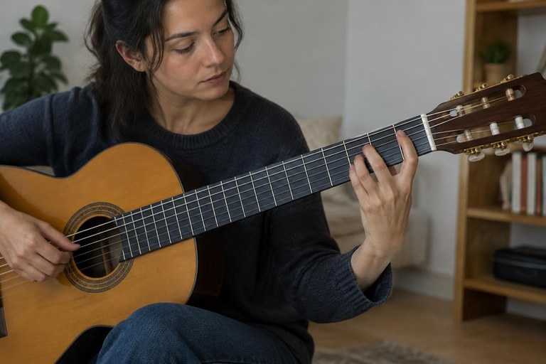 Pessoa sentada treinando o acorde de Fá maior completo com pestana no violão de nylon