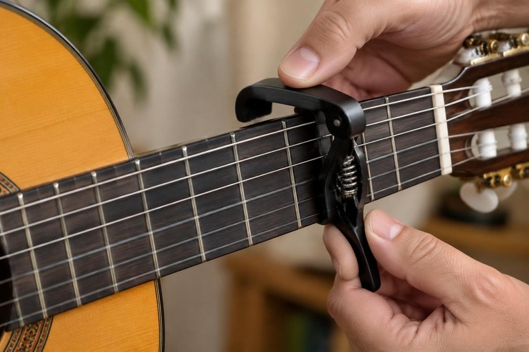 Mão colocando um capotraste de gatilho logo atrás de um traste no braço de um violão de nylon