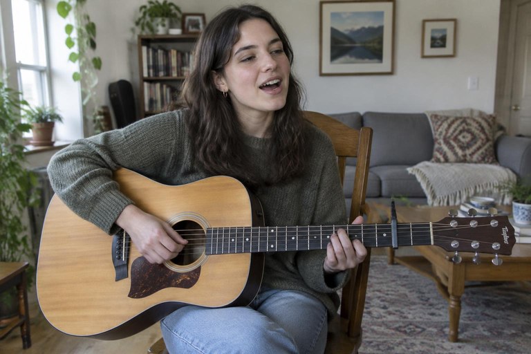 Pessoa sentada cantando e tocando violão com capotraste na terceira casa