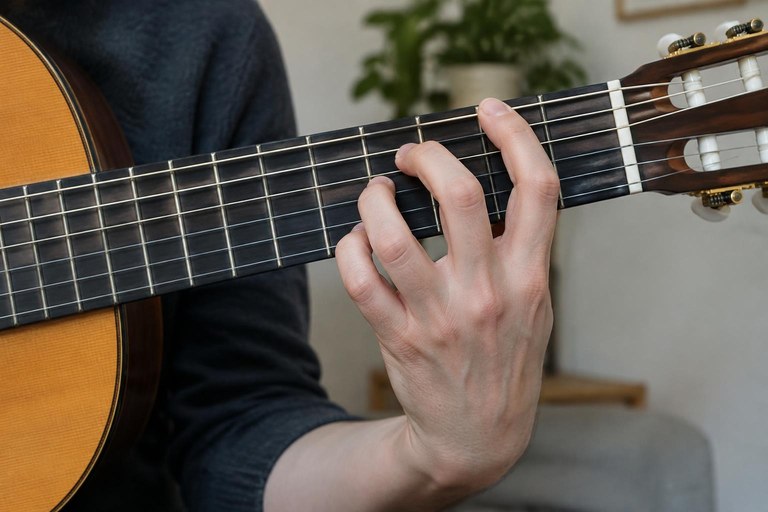 Mão esquerda montando um acorde no violão com o polegar atrás do braço e os dedos curvados