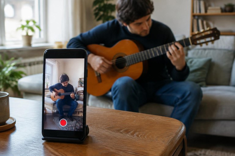 Celular apoiado na mesa gravando uma pessoa tocando violão sentada