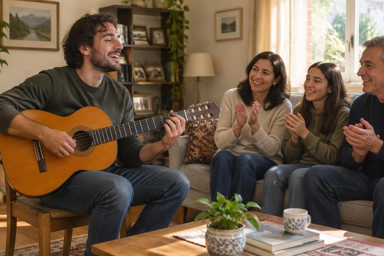 Pessoa adulta tocando violão e cantando na sala de casa enquanto a família acompanha batendo palmas