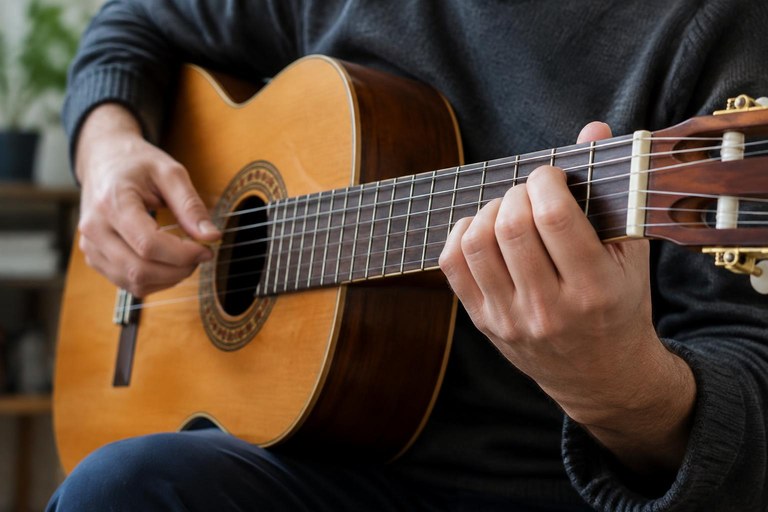 Mãos tocando violão de nylon com palheta, mão esquerda montando um acorde aberto