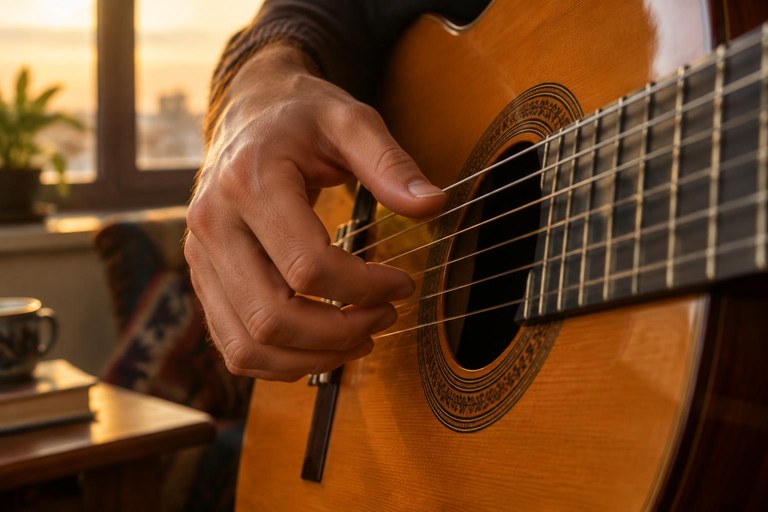Mão direita dedilhando um violão de nylon com o polegar apoiado na corda grave