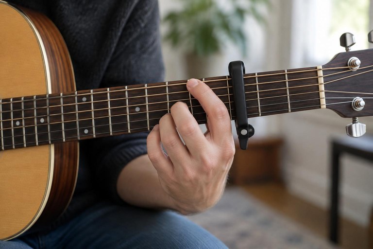 Braço do violão com capotraste na terceira casa e a mão esquerda montando um acorde aberto