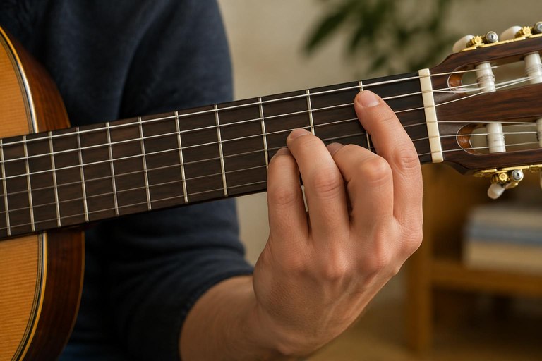 Mão esquerda montando um acorde aberto no braço de um violão de nylon