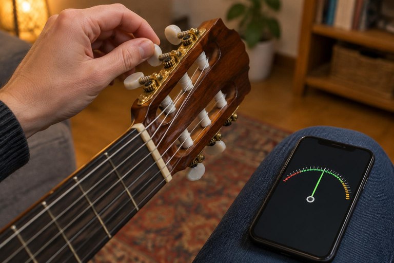 Mão girando a tarraxa de um violão de nylon enquanto um celular apoiado na perna mostra a agulha do afinador