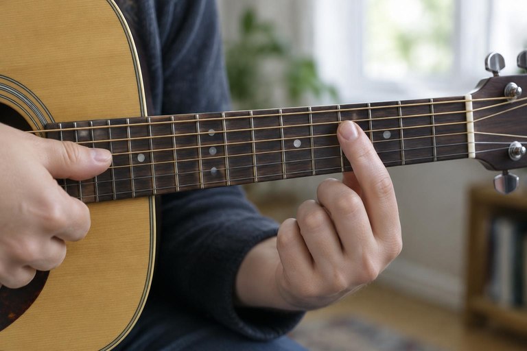 Dedo pressionando a quinta casa de uma corda do violão enquanto o polegar toca a corda vizinha solta