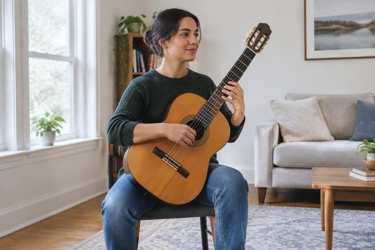 Pessoa sentada em cadeira firme com o violão apoiado na coxa direita, tampo quase vertical e braço do instrumento inclinado para cima