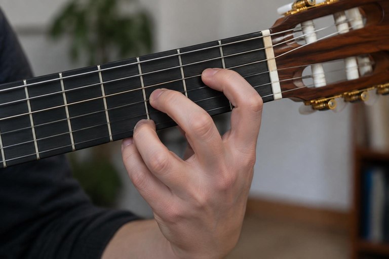 Mão esquerda no braço do violão com polegar atrás, dedos curvados e pontas dos dedos pressionando perto do traste