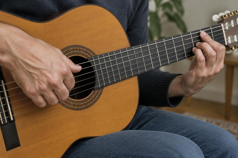 Mão direita passando o polegar para baixo sobre as cordas do violão enquanto a mão esquerda forma um acorde