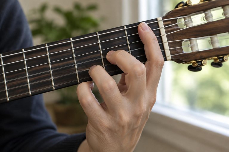 Mão esquerda montando o acorde de Dó maior no braço de um violão de nylon, com os dedos curvados em forma de escada