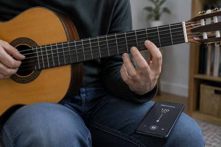 Pessoa sentada com violão, mão esquerda preparando a forma do acorde pouco acima das cordas, com celular de metrônomo apoiado na perna
