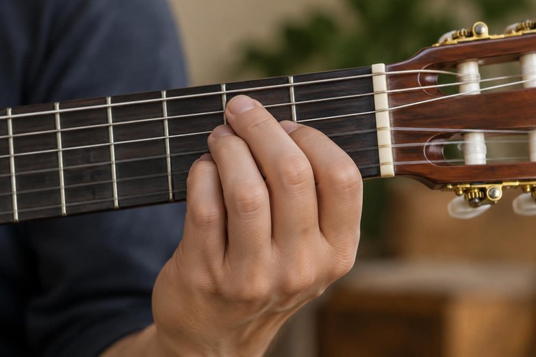 Mão esquerda montando o acorde de Lá maior, com três dedos em fila na segunda casa do violão