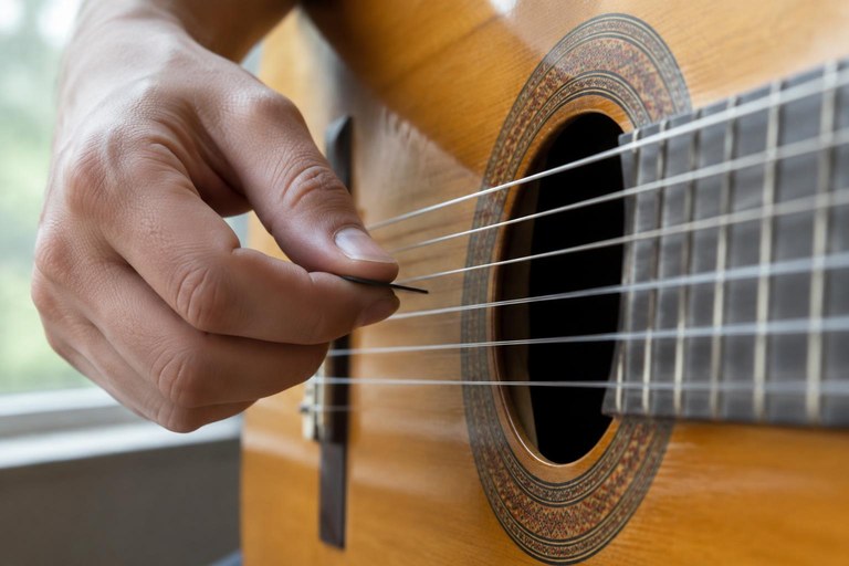 Mão direita segurando a palheta entre o polegar e o indicador sobre as cordas do violão