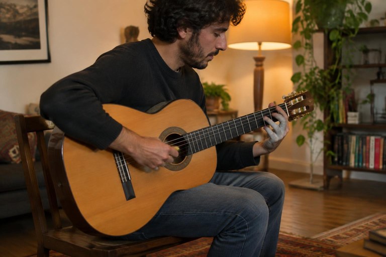 Pessoa sentada tocando o violão com palheta, mão direita em movimento sobre a boca do instrumento