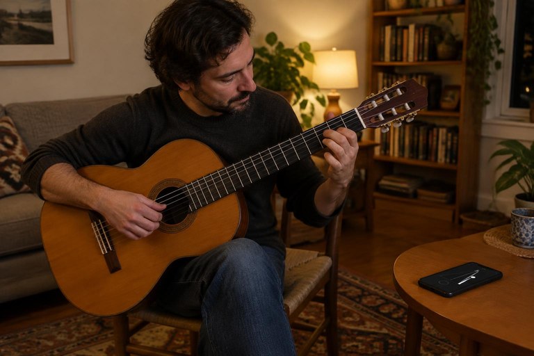 Pessoa sentada tocando violão de nylon com os dedos da mão direita, em ambiente doméstico tranquilo