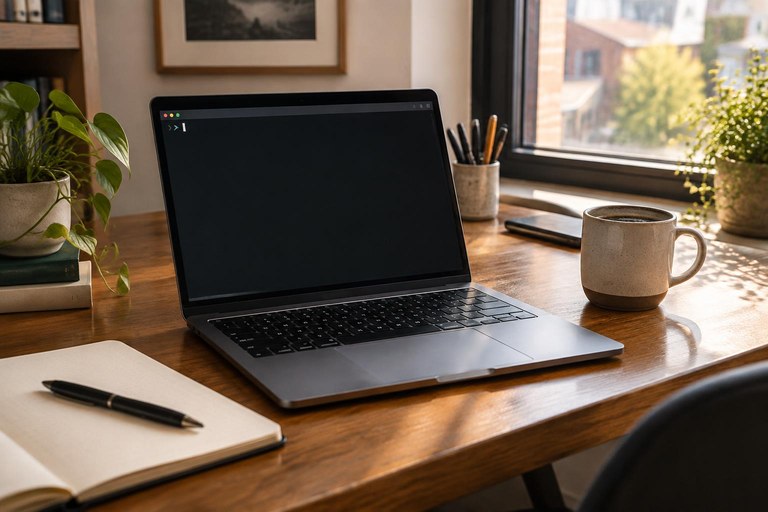 Mesa de desenvolvedor com notebook exibindo um terminal aberto, caneca de café e caderno