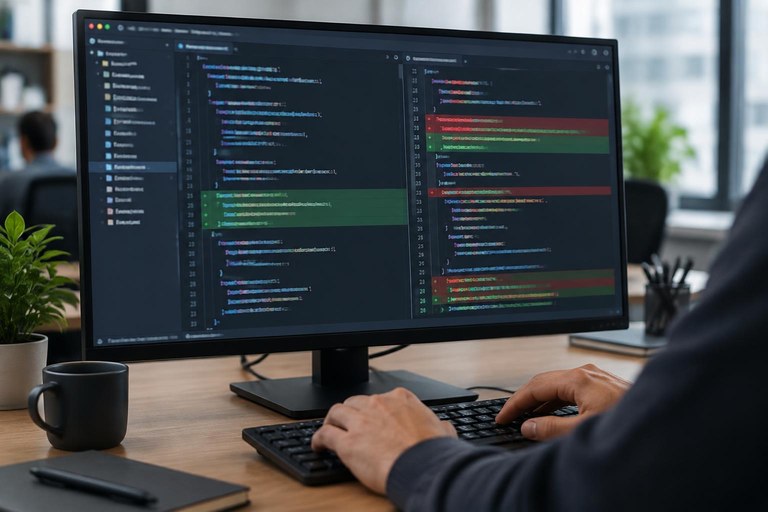Programador diante de um monitor com editor de código exibindo um painel de diff lado a lado