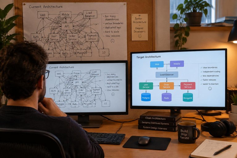 Desenvolvedor comparando um diagrama emaranhado com uma estrutura organizada em blocos separados