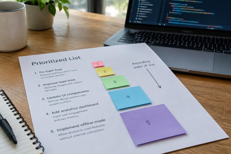 Lista de propostas priorizadas com notas adesivas sobre uma mesa ao lado de um laptop