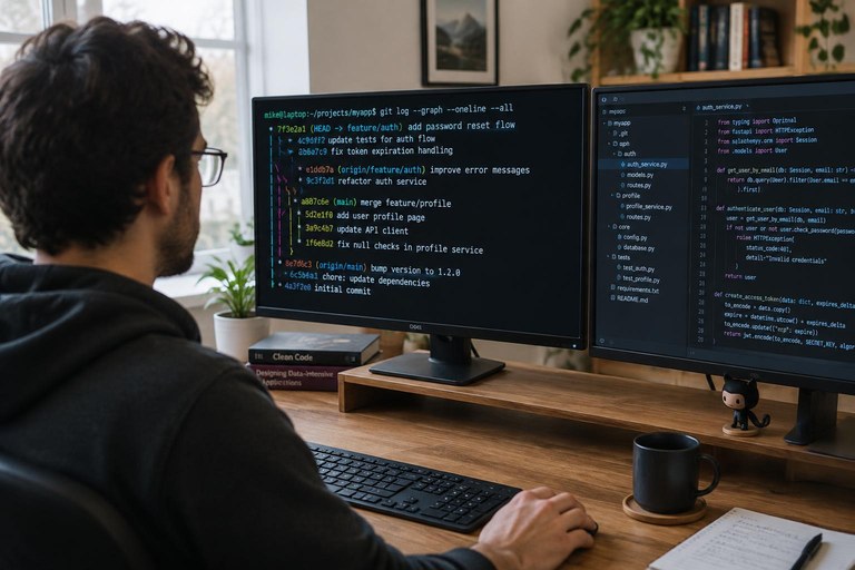 Desenvolvedor observando um grafo de commits e branches do Git no terminal