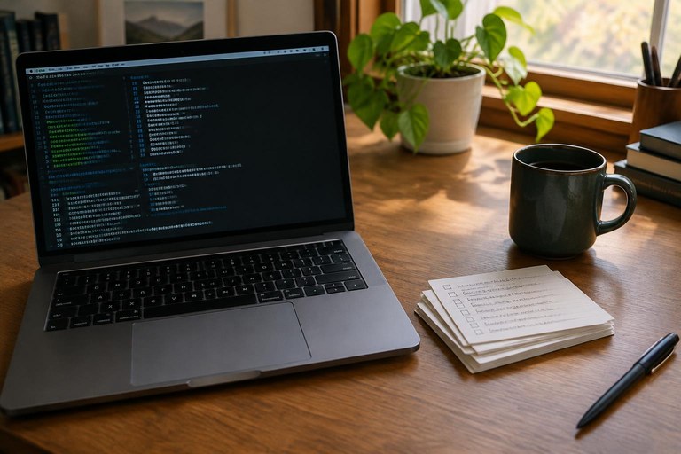Mesa de trabalho com terminal aberto e fichas de checklist ao lado, representando comandos reutilizáveis