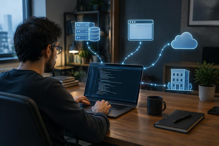 Desenvolvedor com o terminal aberto, conectado por linhas luminosas a um banco de dados, um navegador, um serviço em nuvem e um sistema interno