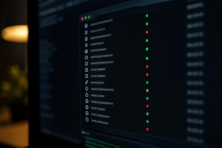 Tela de terminal mostrando uma lista de serviços conectados com indicadores verdes e vermelhos de estado