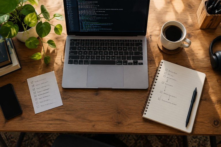 Mesa de trabalho de um desenvolvedor com terminal aberto, um plano de tarefas escrito à mão e uma xícara de café