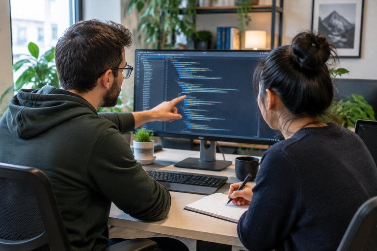 Dois desenvolvedores revisando código juntos em um monitor grande