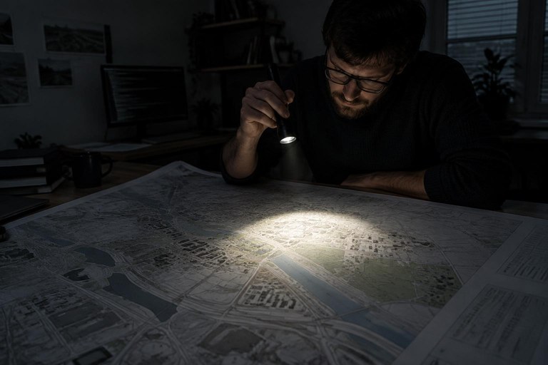 Desenvolvedor iluminando com uma lanterna uma pequena parte de um grande mapa sobre a mesa