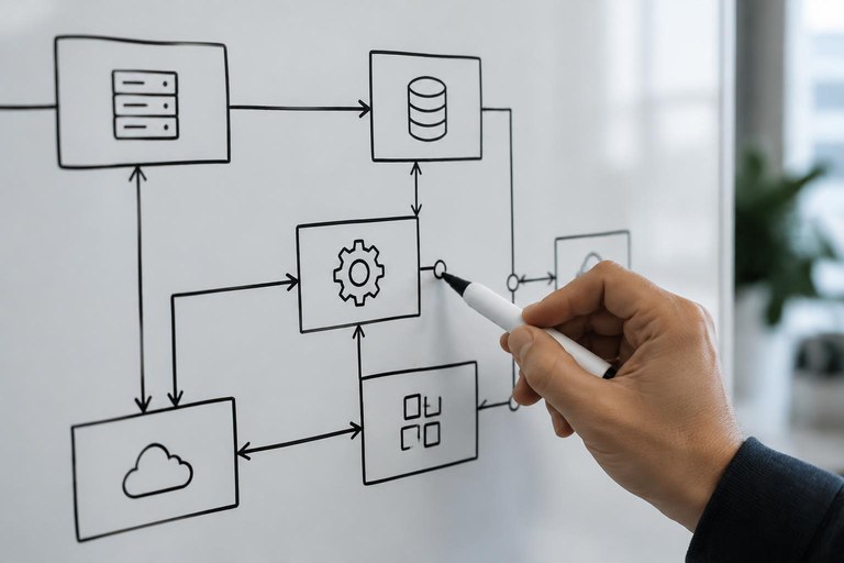 Mão apontando para um diagrama de caixas e setas em um quadro branco