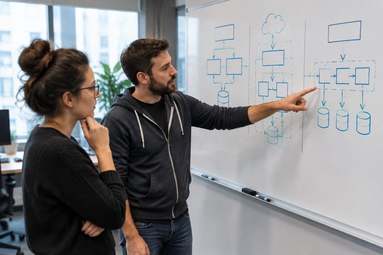 Dois desenvolvedores comparando alternativas de solução em um quadro branco