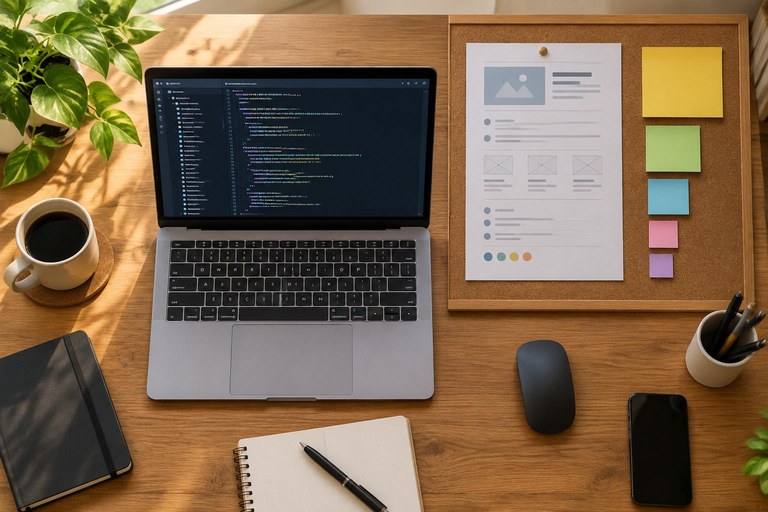 Mesa de desenvolvedor com um resumo de projeto fixado em um quadro, representando instruções persistentes organizadas em níveis