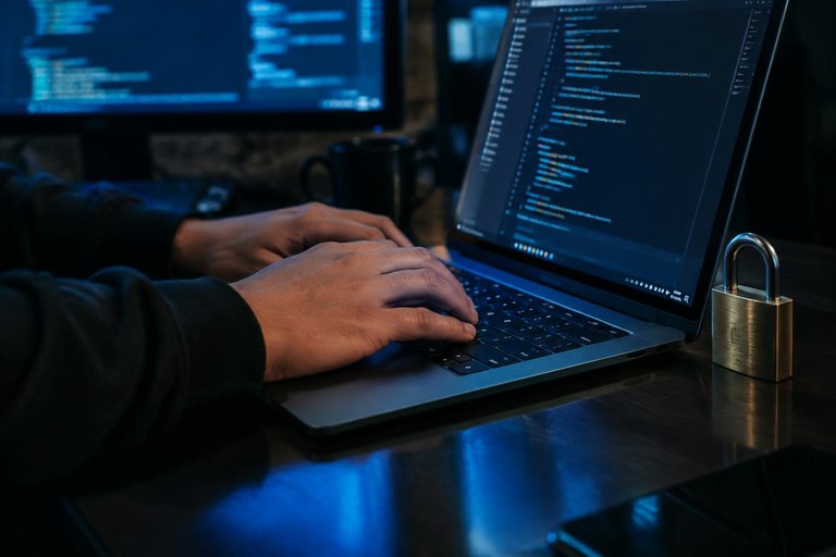 Mãos de um desenvolvedor sobre o teclado com um cadeado ao lado, representando o controle de permissões