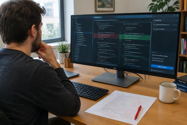 Desenvolvedor revisando alterações de código na tela antes de aceitá-las