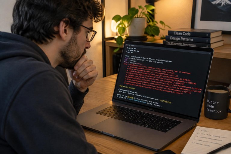 Desenvolvedor concentrado analisando um terminal com linhas de erro destacadas