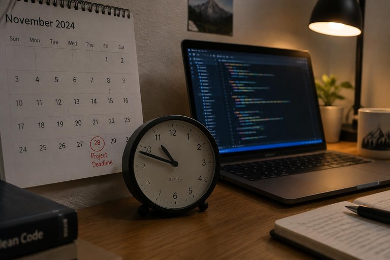 Calendário e relógio ao lado de um notebook com código, ilustrando o bug de data e fuso horário