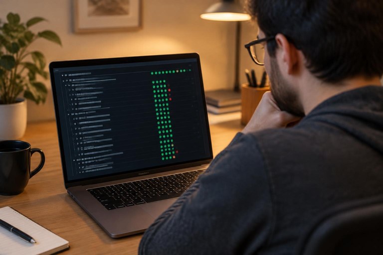 Desenvolvedor analisando no terminal o resultado de uma suíte de testes com sucessos e falhas