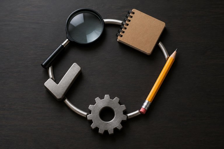 Cinco objetos dispostos em círculo representando o ciclo de ler, planejar, editar, executar e verificar